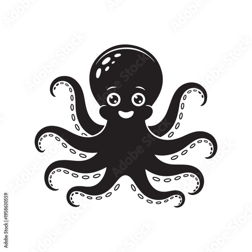 A cute, black cartoon octopus with big eyes and a wide smile, reaching out with its tentacles.