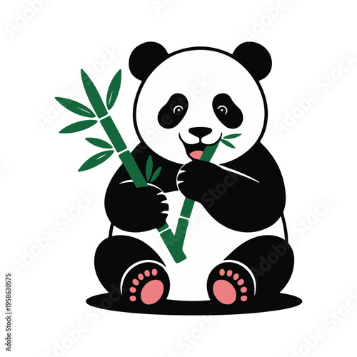 A cute cartoon panda sits and happily eats a stalk of bamboo with green leaves.