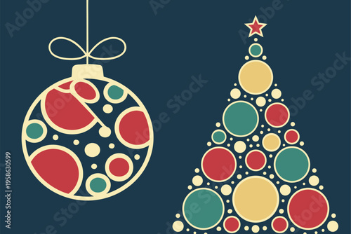 Christmas tree and hanging ornament ball with colorful circles on dark blue background art