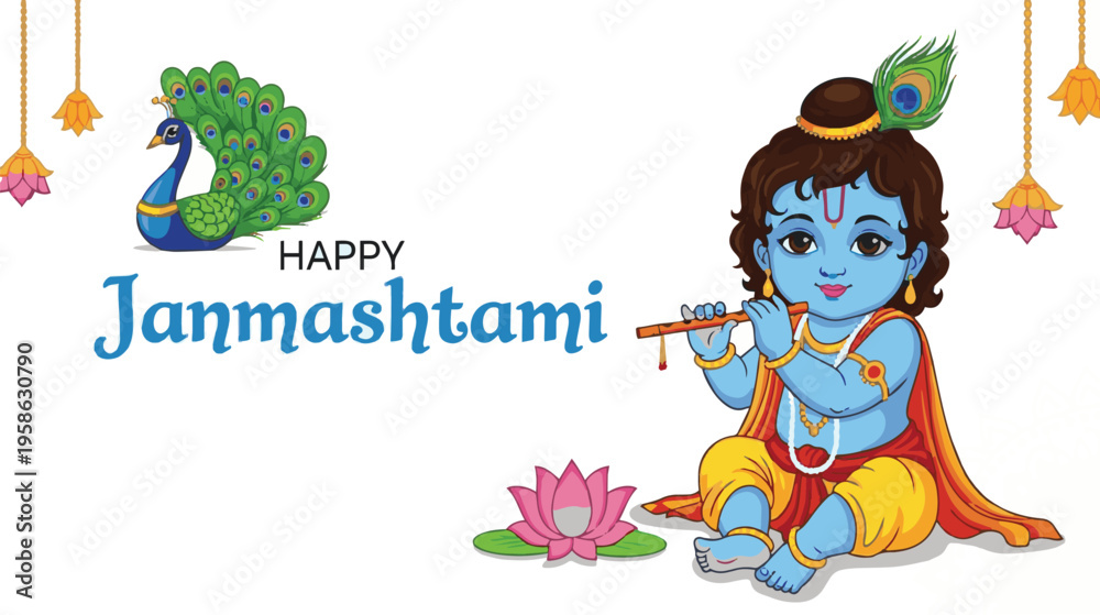 Fototapeta premium A festive greeting card design featuring baby lord krishna playing his flute for janmashtami day