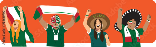 Mexican soccer fans celebrating and cheering for their team at World Cup match.