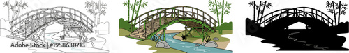 Traditional wooden arch bridge in Japanese garden with bamboo trees vector illustration.