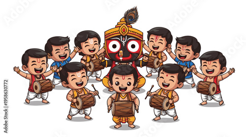 A vibrant digital illustration of lord jagannath surrounded by a group of joyful young drummers