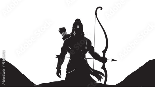 A striking black silhouette of lord rama holding a bow and arrow against a stark white background