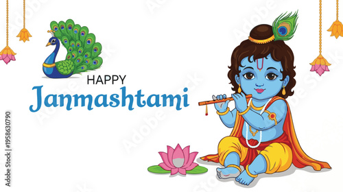 A festive greeting card design featuring baby lord krishna playing his flute for janmashtami day