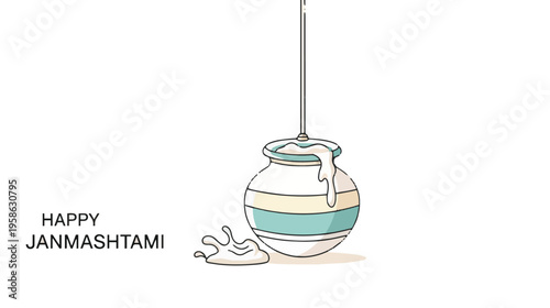 A minimalist hand-drawn illustration depicting a traditional dahi handi pot for janmashtami event