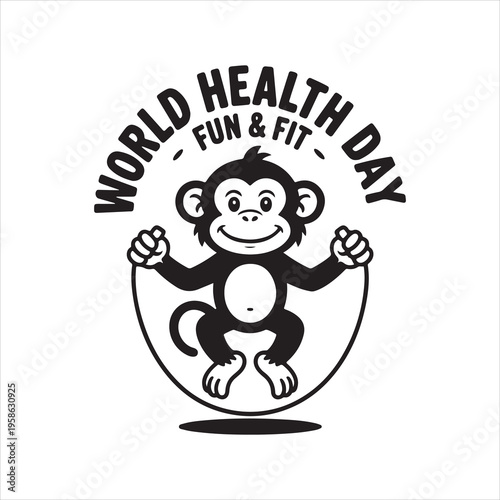 A cheerful monkey jumps rope with the words "world health day fun & fit" above it.
