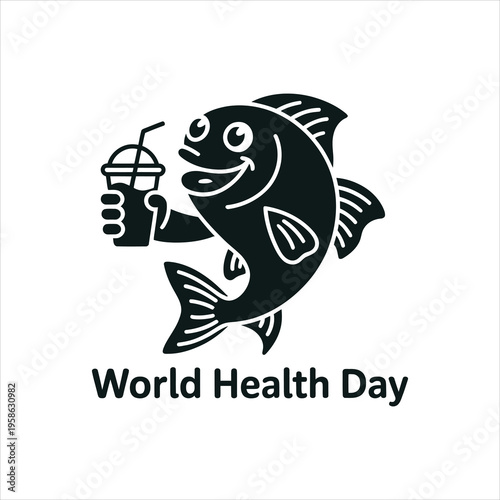 A happy fish enjoys a refreshing drink, celebrating world health day with a smile