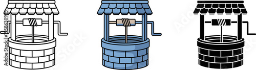 Stone water well with wooden roof and pulley system vector illustration.