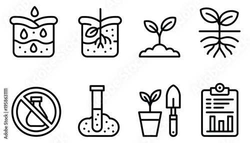 Line vector icons of soil protection erosion icon, mulch layer, compost soil, root structure, no pesticide sign, test tube in soil, shovel and plant, minimal line art vector collection for farming app
