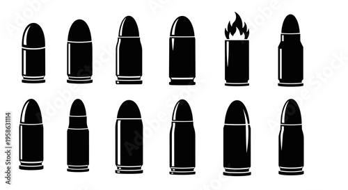 Various bullet shapes in a symbolic row composition on white background, representing harm, danger weapon shooting, violence, war, criminal concepts and military armament, black illustration.