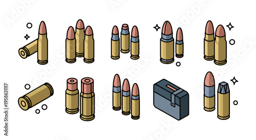Ammunition in isometric style, representing a stockpile of bullets and a box, ideal for game design, military simulation, or illustrating defense and preparedness concepts with a bold aesthetic.
