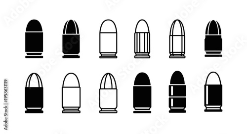 Ammunition icons set, representing the diverse world of bullets and cartridges, perfect for illustrating concepts related to shooting sports, defense, or weaponry in a sleek, modern style
