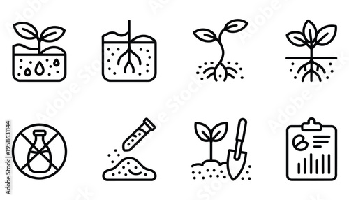 Line vector icons of soil protection erosion icon, mulch layer, compost soil, root structure, no pesticide sign, test tube in soil, shovel and plant