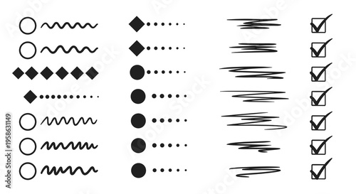 Hand-drawn checklist elements presenting various graphic line designs for document review in a report to represent quality control, decision-making, and task completion for business applications.