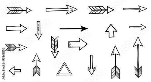 Hand-drawn arrow collection on white background offers creative graphic design resources for various purposes with a playful, artistic, and navigational commercial appeal.