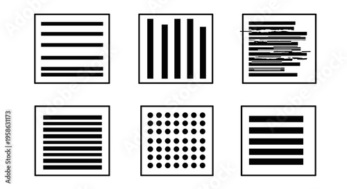 Abstract representations of content organization, including lines, bars, dots and scrambled text, conveying a concept of design structure and informational data representation.