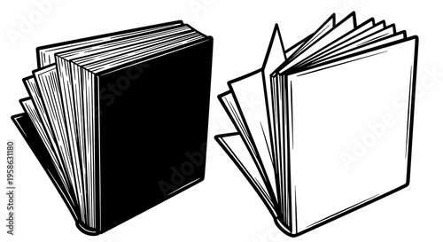 Black and white vector illustration of two open books, one being all black and the second one being white with black outlines, representing knowledge and reading with a simple and clean style.