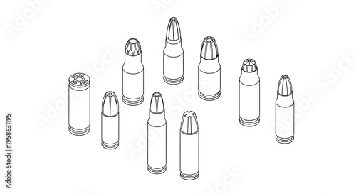 Illustration showcases different bullet designs used in firearms for hunting and sport; a vintage and retro feel that focuses on outdoor and indoor target practice concepts.