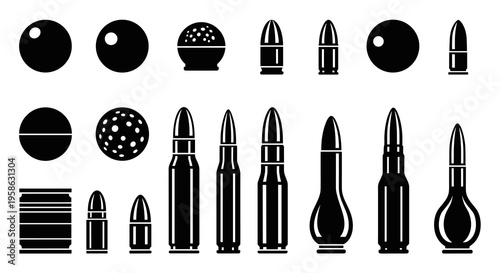 Monochrome illustration showcases various ammunition types, from round balls to casings, displaying a concept of choices, targeting, and potentially conflict in a bold, graphic style.