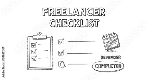 Freelancer checklist illustration, a visual guide to managing tasks, deadlines, and milestones with a sense of accomplishment and organization, ideal for self-employed individuals.