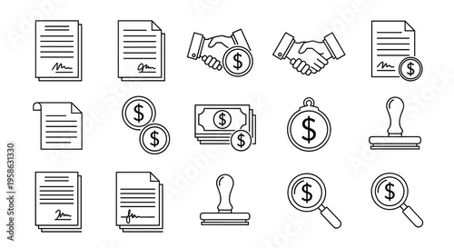 Abstract line art illustration of money and contract negotiations and agreement signings depict the concept of financial deals and regulatory compliance in modern business era.