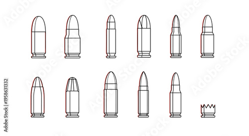 Illustrative outlines of handgun and rifle ammunition designs on a white background create an illustrative presentation with potential for crime and violence concepts