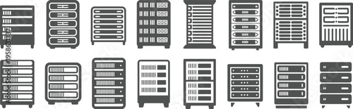 Server Rack Silhouette Icons, black solid vector symbols for servers data center racks