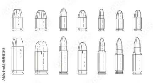 Silhouetted ammunition collection presents a powerful line-up of firepower, ideal for illustrating military concepts, emphasizing security, or representing defense strategies, symbolizing protection.