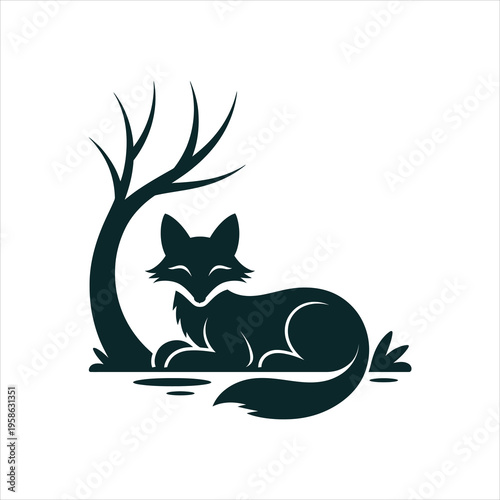 A stylized dark silhouette of a fox resting peacefully beside a bare tree trunk