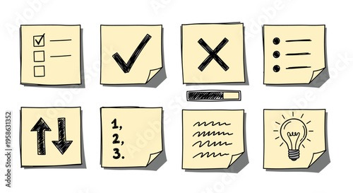Doodle-style sticky notes displaying various tasks, to-do lists, and progress, evoking a sense of creative project management and organized workflow, with a touch of hand-drawn charm.