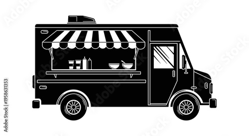 Food truck serving meals in black and white for fast takeout service, providing street food to go creating an urban culinary experience full of flavor and convenience.
