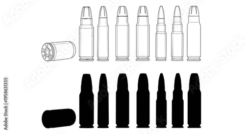 Ammunition and Firearms Illustration in Black and White, a Powerful Symbol of Military Might, Security, and the Ongoing Debate Over Gun Control in Modern Society.