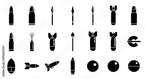 Silhouette set of diverse ancient and modern weaponry floating against a stark white backdrop, evoking feelings of conflict, strength, readiness, and raw military power in the 2020s.