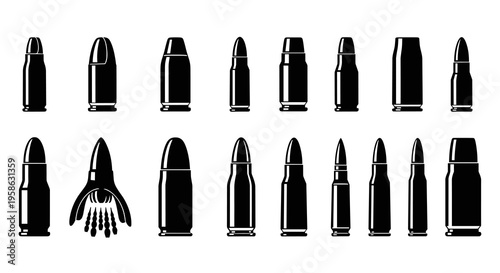 Set of assorted ammunition in black and white with bullets in different sizes, shapes, and designs showing the power, force, and impact of war and weapons in monochrome.