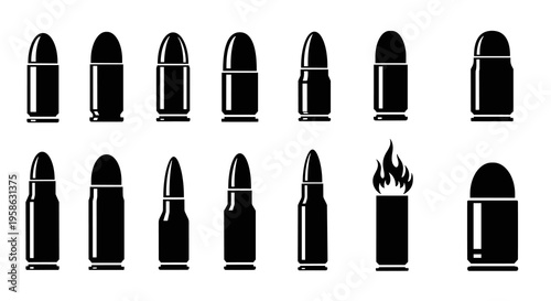Monochrome array of black silhouette bullets creating a potent armament pattern, conveying themes of force, protection, and conflict with striking simplicity, reflecting power and resilience.