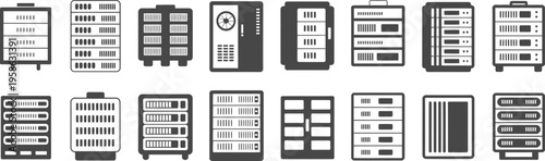 Server Rack Silhouette Icons, black solid vector symbols for servers data center racks