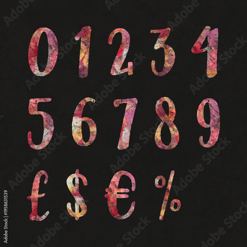 set of numbers and letters made of multicolored painting symbols, 3d illustration on black background, 1, 2, 3, 4, 5, 6, 7, 8, 9, 0