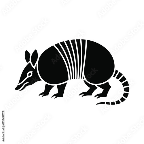 A simple black silhouette of an armadillo with its distinctive armored shell and long tail.