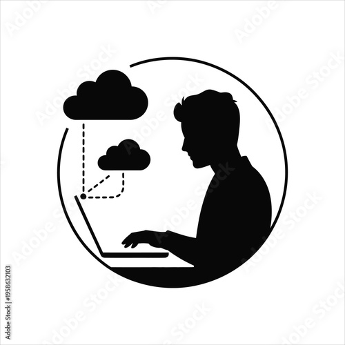 Silhouette of a person using a laptop connected to cloud services, representing digital connectivity and data management.