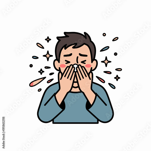 Blushing Man Covering Face with Hands