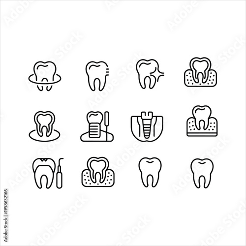 A collection of dental icons illustrating various tooth conditions and treatments