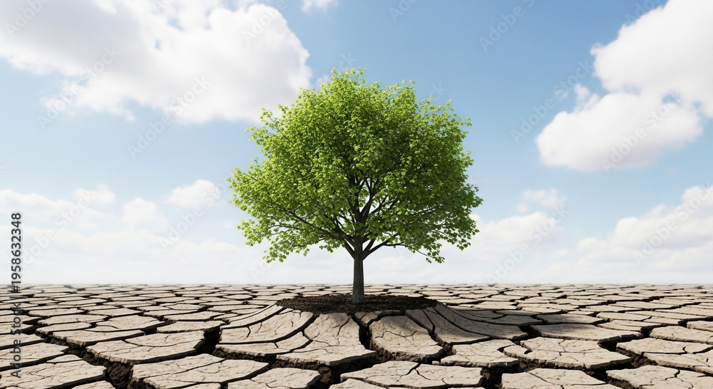 Fototapeta premium Lone Green Tree on Cracked Dry Earth - Climate Change Drought and Environmental Conservation Concept