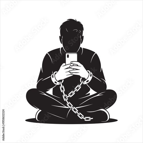 A person is shown chained to their smartphone, symbolizing digital addiction and its restrictive nature.