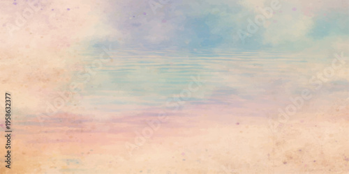 Beautiful abstract sunset landscape featuring orange and red watercolor clouds over a grunge sky at dusk with golden sunlight and blue horizon beauty