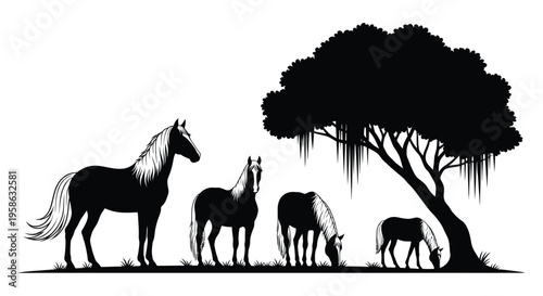 Horses grazing beneath a large tree in a striking silhouette