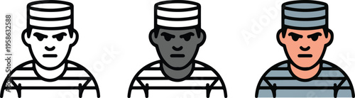 Prisoner icon set featuring male inmate avatars in striped uniform with line art, silhouette, and flat vector design styles.