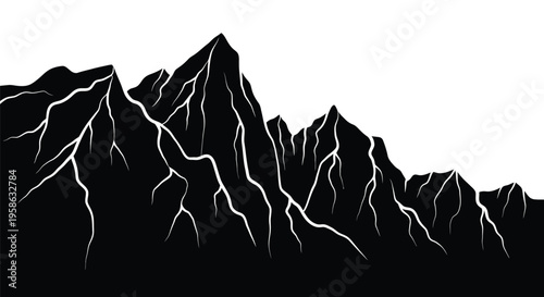 Dramatic mountain range with jagged peaks and striking lightning silhouette