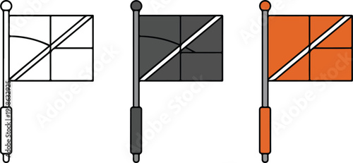 Professional soccer referee assistant flag icon set featuring linesman signals in line art, solid, and flat vector design styles.