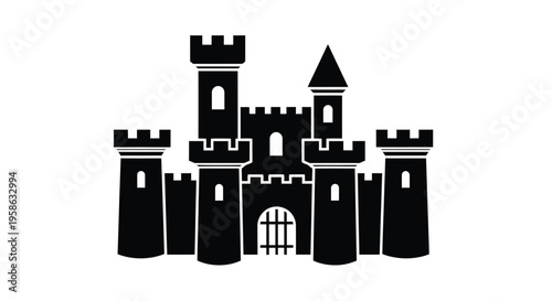 A striking black castle illustration with detailed towers and walls silhouette